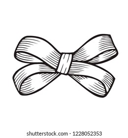 Sketch Bow With Ribbon Isolated. Hand Drawn Vintage Decorative Element For Gifts And Presents Vector Illustration. Engraving Holiday Festive Decoration.