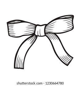 Sketch Bow With Ribbon Isolated. Hand Drawn Vintage Decorative Element For Gifts And Presents Vector Illustration. Engraving Holiday Festive Decoration.