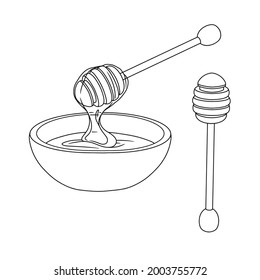 Sketch of a bowl with honey and a wooden honey spoon. Vector illustration