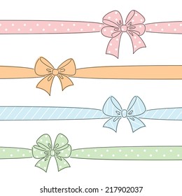 Sketch bows and ribbons colored in red, orange, blue, green. Hand drawn graphic elements for your design