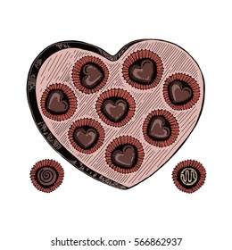 Sketch box of chocolates. Hand drawing illustration isolated on white background. Template for label poster, logo, web