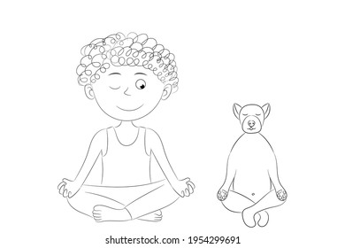 Sketch of a boy and a dog sitting in the lotus position, boy doing yoga with his dog