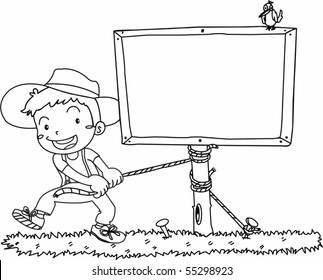 Sketch of A Boy Fixing a Board on white background