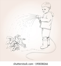 Sketch of a boy with garden hose watering vegetable garden