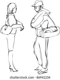 sketch of boy and girl talking while standing