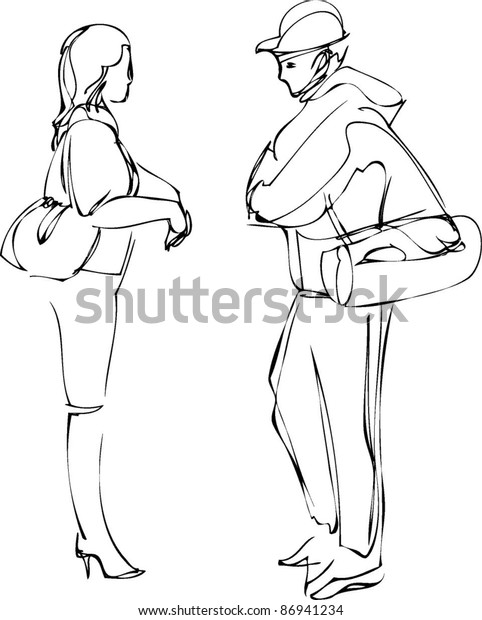 Sketch Boy Girl Talking While Standing Stock Vector Royalty Free