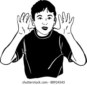 sketch of a boy with his hands up looking through the glass
