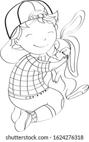 Sketch boy is hugging toy rabbit with love and smile