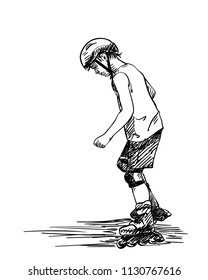 Sketch of boy learning to skate on rollers, Hand drawn vector illustration isolated on white background