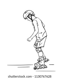 Sketch of boy learning to skate on rollers, Hand drawn vector linear illustration isolated on white background