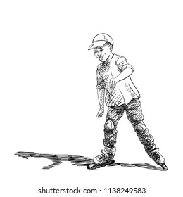 Sketch of boy learning to skate on rollers, Hand drawn vector illustration isolated on white background