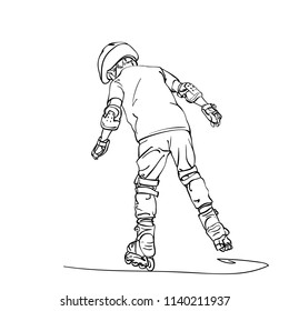 Sketch of boy learning to skate on rollers, View from back, Hand drawn vector linear illustration isolated on white background