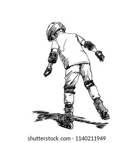 Sketch of boy learning to skate on rollers, View from back, Hand drawn vector illustration isolated on white background