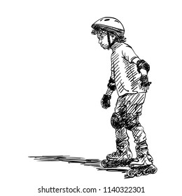 Sketch of boy learning to skate on rollers, Hand drawn vector illustration isolated on white background