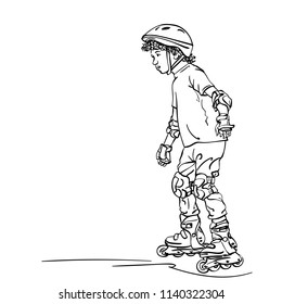 Sketch of boy learning to skate on rollers, Hand drawn vector linear illustration isolated on white background