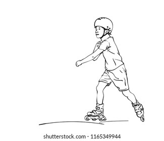 Sketch of boy learning to skate on rollers, Hand drawn vector linear illustration isolated on white background