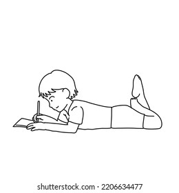 Sketch Of Boy Lick On The Floor And Write With A Pen In The Notebook