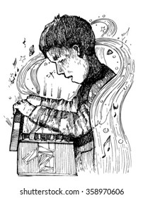 sketch of boy and magic box