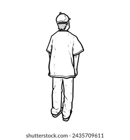 Sketch Boy or man or guy facing back side with shoes cap oversize tshirt pants on white Background vector modern illustration