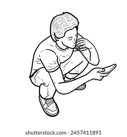 Sketch Boy or man or guy mullet hair squat on the ground with smoking cigarette tshirt long pants check hand phone on white Background vector modern illustration