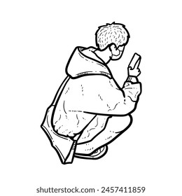 Sketch Boy or man or guy squat on the ground with cool pose and oversized hoodie long pants check hand phone shoes on white Background vector modern illustration