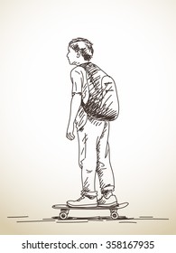 Sketch of boy on skateboard, Hand drawn illustration