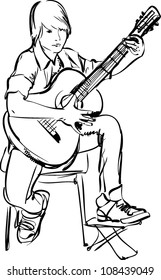 sketch of boy playing on the guitar on white background