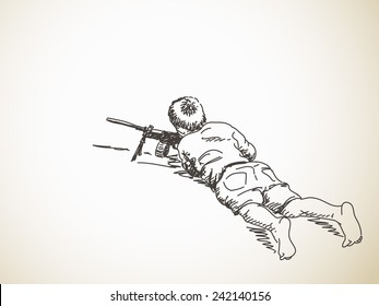 Skizze des Jungen, der mit Maschinengewehr Krieg führt, handgezeichnet Vektorgrafik
