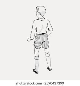 Sketch of a boy in shorts and socks, facing away. Simple line drawing of a child, wearing shorts, depicted in a casual stance. Minimalist style illustration. Vintage illustration isolated, vector.