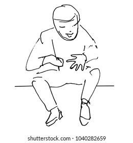 A sketch. The boy is sitting on a chair. He plays. Line drawing. Background. Isolated vectorial process