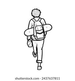 Sketch boy with skateboard on bag facing back while take his lunch school isolated on white background vector modern illustrations