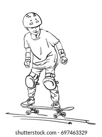 Sketch of boy skateboarder in full protection and helmet riding on skateboard, Hand drawn line art vector illustration isolated on white background