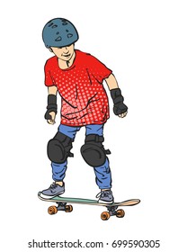 Sketch of boy skateboarder in full protection and helmet riding on skateboard, Red t-shirt with halftone dots, Hand drawn colored vector illustration isolated on white background
