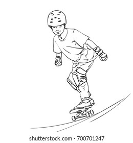Sketch boy skateboarder in full protection   helmet riding skateboard in skate park  Hand drawn line art vector illustration isolated white background
