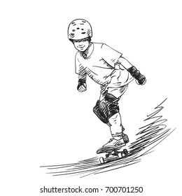 Sketch of boy skateboarder in full protection and helmet riding on skateboard in skate park, Hand drawn hatched shades vector illustration isolated on white background