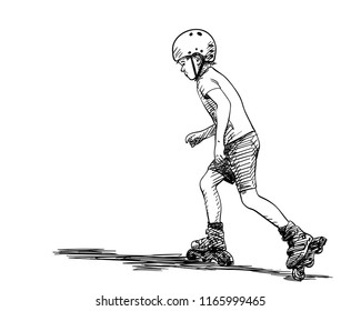 Sketch of boy skating on rollers, Hand drawn vector illustration isolated on white background