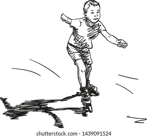 Esbozo de patinaje infantil sobre rollos, ilustración vectorial dibujada a mano aislada en fondo blanco