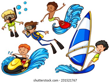 Sketch of the boys enjoying the watersport activities on a white background 