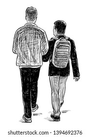 Sketch of boys students walking down the street