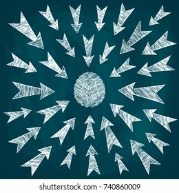 Sketch of the brain and arrows. Arms pointing towards the center of the picture. Hand drawing. Vector illustration
