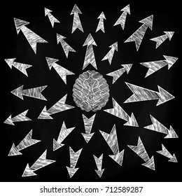 Sketch of the brain and arrows showing different directions. Hand drawing. Vector illustration