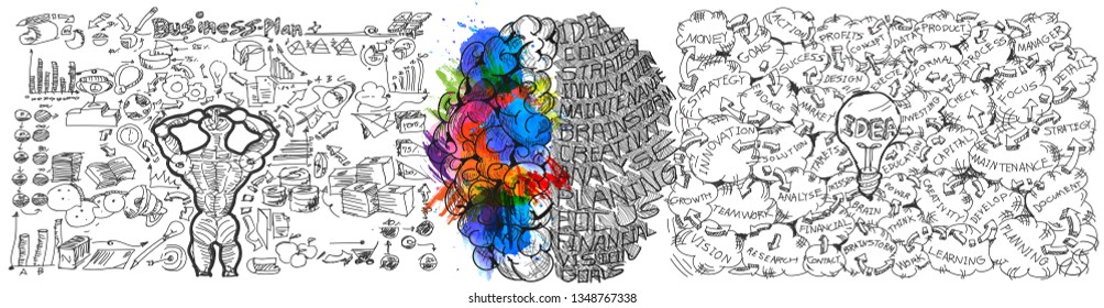 Sketch brain  Business plan  data  text various. - Background Colorful watercolor stains collection- Vector 