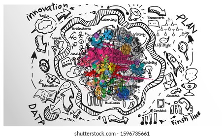 Sketch brain  Business plan  data  text various -  background  Watercolor stains colorful - Idea and Concept Vector illustration.