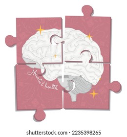 Sketch of brain on puzzle pieces Mental health concept Vector illustration