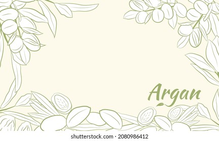 Sketch of branch argania  with fruits. Hand-drawn illustration. Branch of argan with nuts. Cosmetic and medical plant. Set of argania tree.