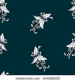 Sketch of a branch of a blossoming apple tree, cherry on a dark blue background. Seamless background. Hand-drawn. Vector illustration.