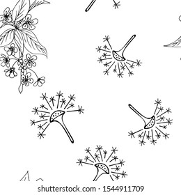 Sketch of a branch of a blossoming apple tree, cherry and dandelion on a white background. Seamless background. Hand-drawn. Soft color, vector illustration.