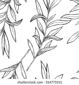 Sketch branch of leaves by hand on an isolated background seamless pattern