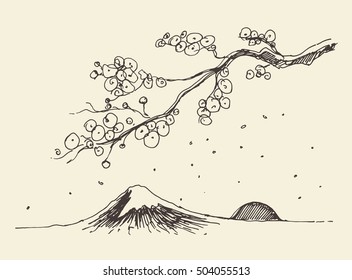 Sketch of a branch of sakura and Fuji mountain, Japan. Vector illustration, engraved style