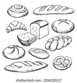 Esbozo de pan con doodles, tipos de pan . Bolsitas de panadería vectorial y galletas aisladas en un fondo blanco. Una colección de señalización de contorno simple. Un símbolo de repostería fresca en un estilo lineal.